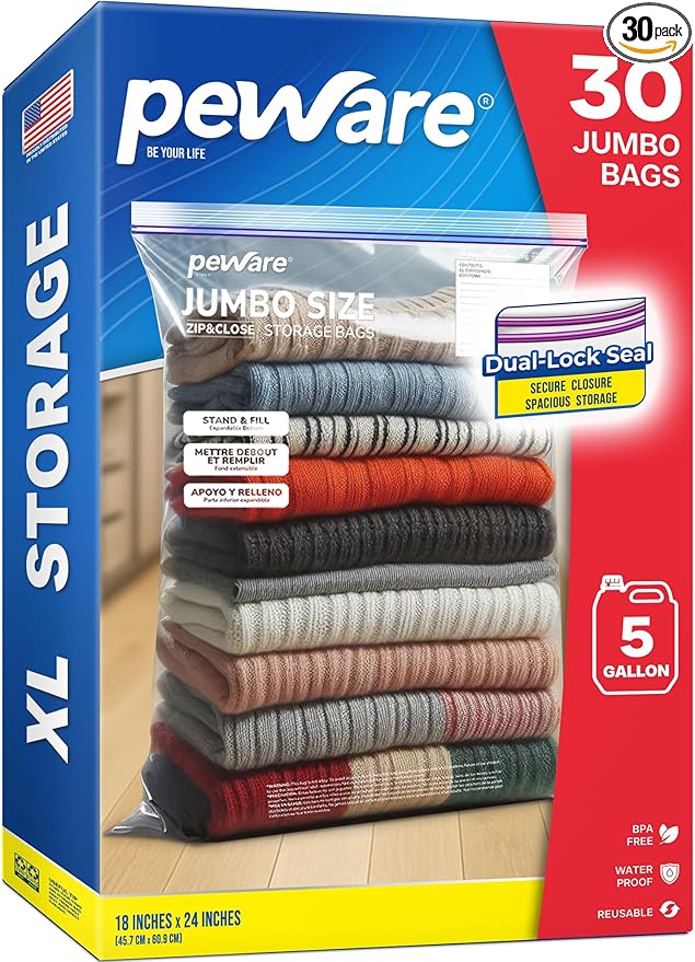 Extra Large 5 Gallon Zip Top Bags for Storage, Clear Plastic Bags for Clothes, Toys, Packing, Moving, and Organizing, 18"x24" [30 COUNT]