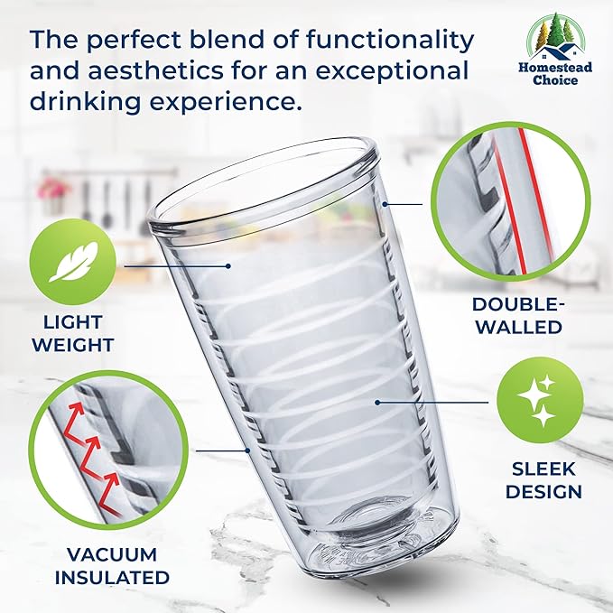 Homestead Choice 16oz Insulated Tumblers Plastic Keeps Drinks Cold & Hot, 4pack Double Walled Clear Insulated Drinking Glasses Cup, BPA-Free, Dishwasher Safe Reusable, Camping, Travel, Kitchen, Party