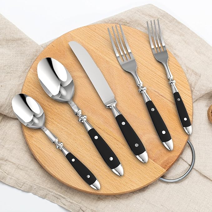 Retro 20-Piece Silverware Set, Stainless Steel Cutlery Set, Vintage Flatware Set with Black Bakelite Handle, Dishwasher Safe| Service for 4