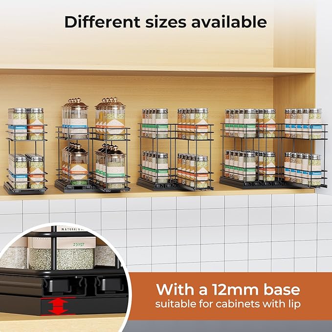 Pull Out Spice Rack Organizer for Cabinet, Slide Out Spice Racks, Easy to Install, 4.0''Wx10.35''Dx8.26''H, 1 Drawer 2 Tiers(Black)