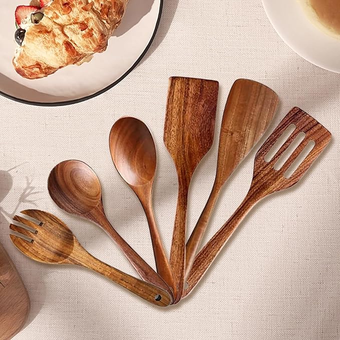 Wooden Kitchen Utensil Set, 9-Piece Cooking Tools with Holder and Spoon Rest, Wooden Spoons for Cooking