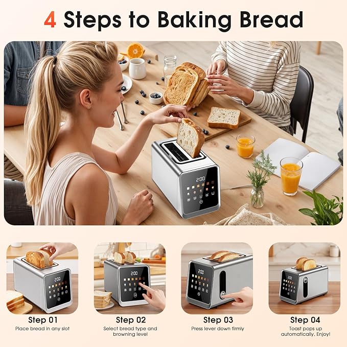 Touch Screen Toaster 2-Slice with 1.5" Wide Slots & Memory Recall | 900W Stainless Steel Smart Digital Toasters | 6 Shade Settings for Bagels & Thick Bread