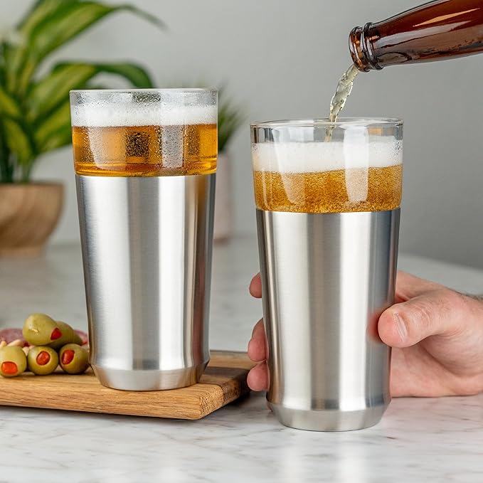Elevated Craft Hybrid Vacuum Insulated Stainless Steel Base with Removable Pint Glass Insert, Ideal Insulation for Beers & Cold Beverages with Built-in Bottle Opener, Durable & Stylish, Steel (16 oz)