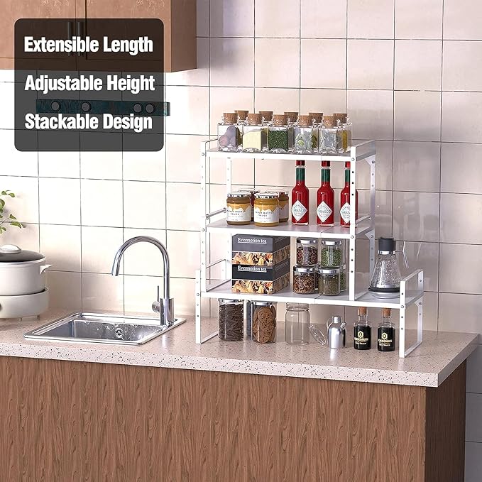 ‎Expandable Kitchen Cabinet Storage Shelf, Stackable Metal Pantry Storage Shelves Organizer, Adjustable Height Counter Spice Rack for Kitchen Cabinet (White - 16.5"-27" L x 10.2" W x 9.6" H - 3Pack)