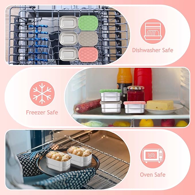 Homikit 3 Pack Snack Containers for Kids, 18/10 Stainless Steel Toddler Lunch Box with Silicone Lids, Reusable Bento Food Container Set for School Daycare, Nontoxic & Leak Proof, Pink/Green/Khaki