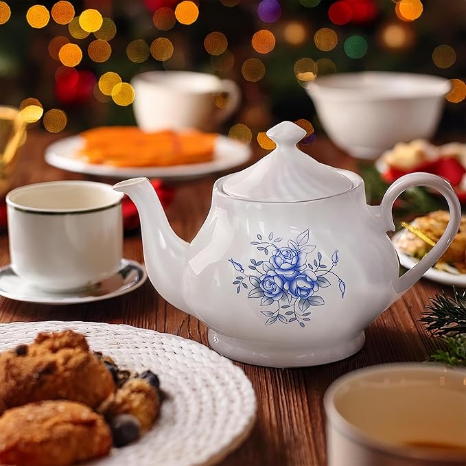 Lynns Porcelain Vintage Teapot with Embossed Swirls 37oz Tea Pot Classic White Tea Set for Parties & Celebrations Ideal Teapot for Tea Cups & Saucers Perfect for Tea Parties - Royal Rose