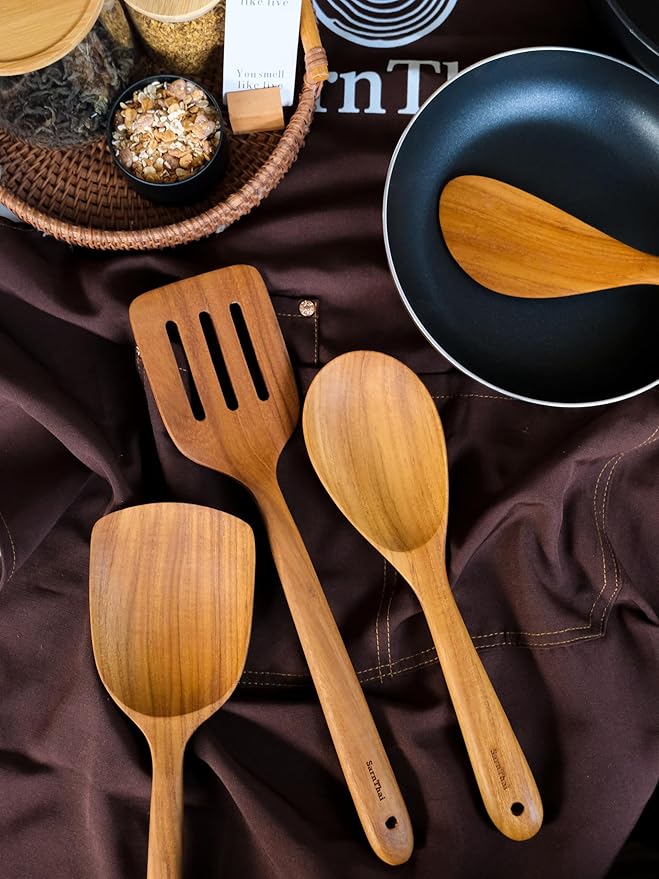 SarnThai Premium Teak Kitchen Utensil Set – 3 Piece Handmade Wooden Spatula & Spoon, Eco-Friendly Teak Cooking Tools for Nonstick Pans, Wooden Spoons for Cooking