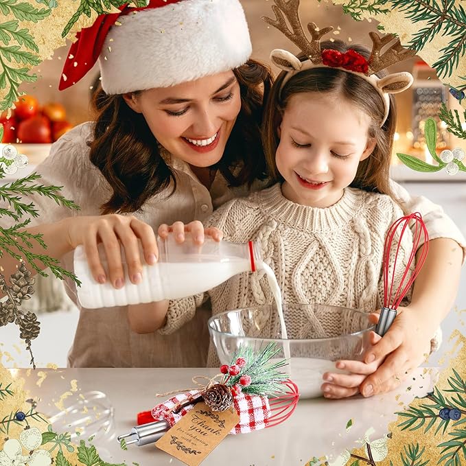 12 Sets Christmas Whisk Baking Supplies Gifts Sets Include Stainless Steel Whisk, Greeting Card, Snowfall Pine Branch, Plaid Towel, Rope for Xmas Neighbor Employee Stocking Stuffer Cooking (10 Inch)