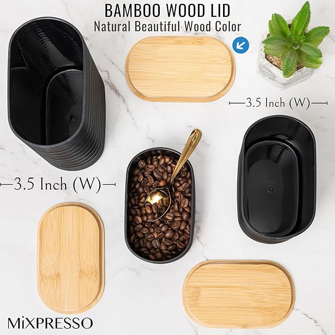 Mixpresso Black Canisters Sets for the Kitchen – 3-Piece Airtight Plastic Sugar Container Set with Bamboo Lids in Three Different Sizes – Decorative Modern Storage Jars for Coffee, Tea & Countertops
