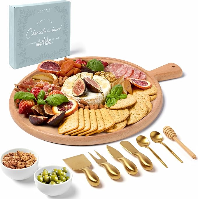 Charcuterie Board Set - Round Solid Wood Cheese Board for Serving with Accessories - House Warming Gifts for New Home, Bridal Shower & Wedding Gift, Birthday Gifts for Women