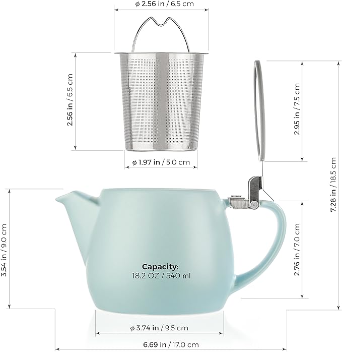Tealyra - Pluto Porcelain Small Teapot Turquoise - 18.2-ounce (1-2 cups) - Matte Finish - Stainless Steel Lid and Extra-Fine Infuser To Brew Loose Leaf Tea - 540ml