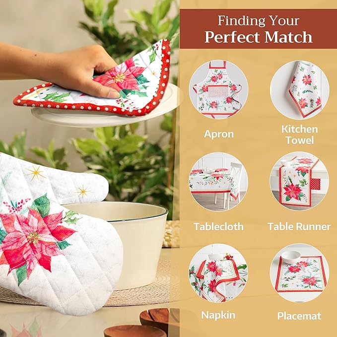 Maison d' Hermine Pot Holders Set 100% Cotton Heat Resistant Potholders 8" x 8" Hot Pads with Loop for Thanksgiving Christmas Decorations Baking Handling Hot Pans (Pack of 2, Poinsettia Christmas)
