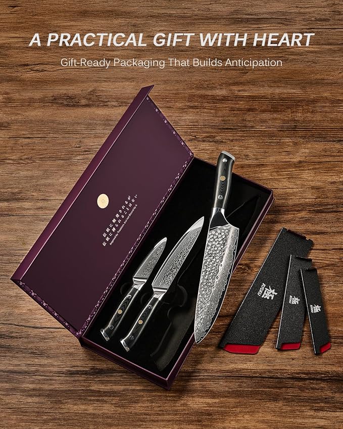 KYOKU Knife Set, Shogun Series 3pc Japanese Style Kitchen Knife Set, 8" Chef 3.6" Paring 6" Utility Knife with Sheath Gift Box, Professional Sharp Damascus Stainless Steel Knives for Meat Vegetable