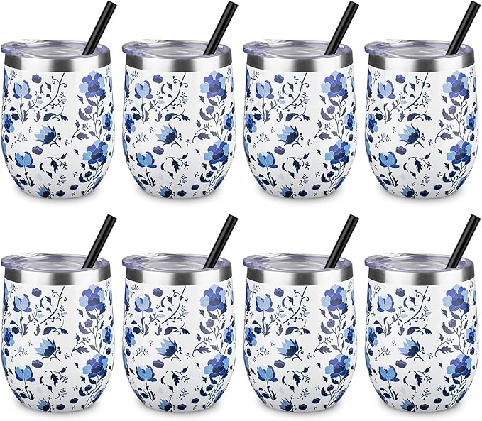 12 oz Insulated Wine Tumbler with Lid and Straw,Stainless Steel Stemless Wine Tumbler Glasses Double Wall Vacuum Wine Cups Tumbler Bulk for Coffee,Cocktail,Office (Blue and White Porcelain,8)