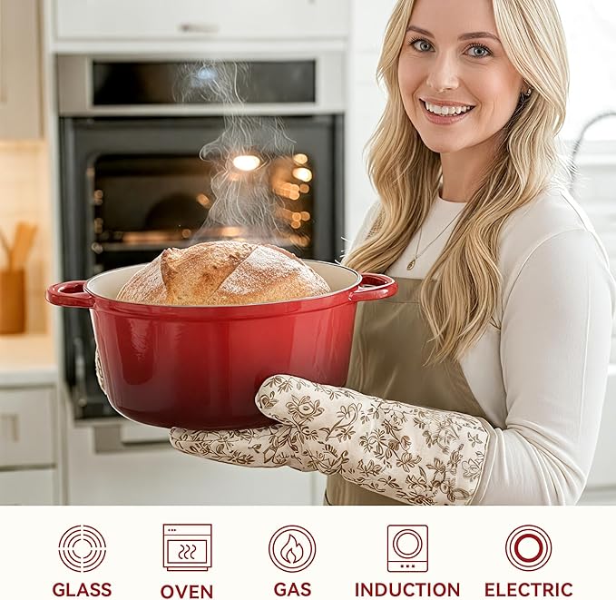 4.5 Quart Dutch Oven Pot with Lid, Non Stick Enameled Cast Iron Dutch Oven for Bread Baking,Heavy-Duty, Oven Safe Ceramic Cookware Up to 500°F for Baking, Braising, Stews, Roasting, Red