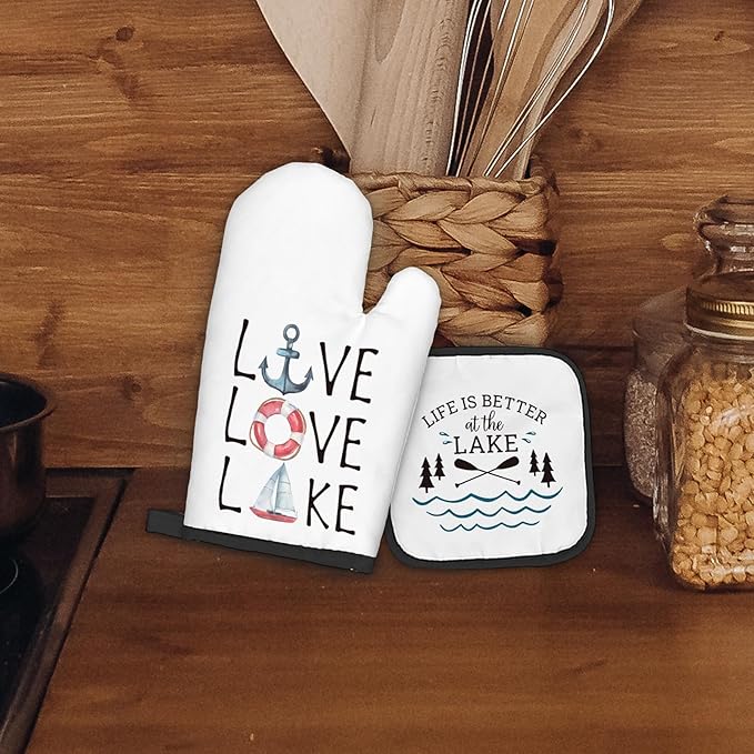 Lake Lovers Gifts Oven Mitts and Pot Holders Sets, Lake House Gifts Kitchen Accessories Sets, Lake House Decor,Life is Better at The Lake Heat Resistant Oven Glove Potholders for Kitchen Baking