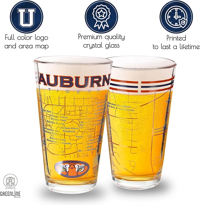 Greenline Goods – University of Auburn Tigers College Pint Beer Glasses (Set of 2), 16 oz – Full-Color Logo + Campus Map