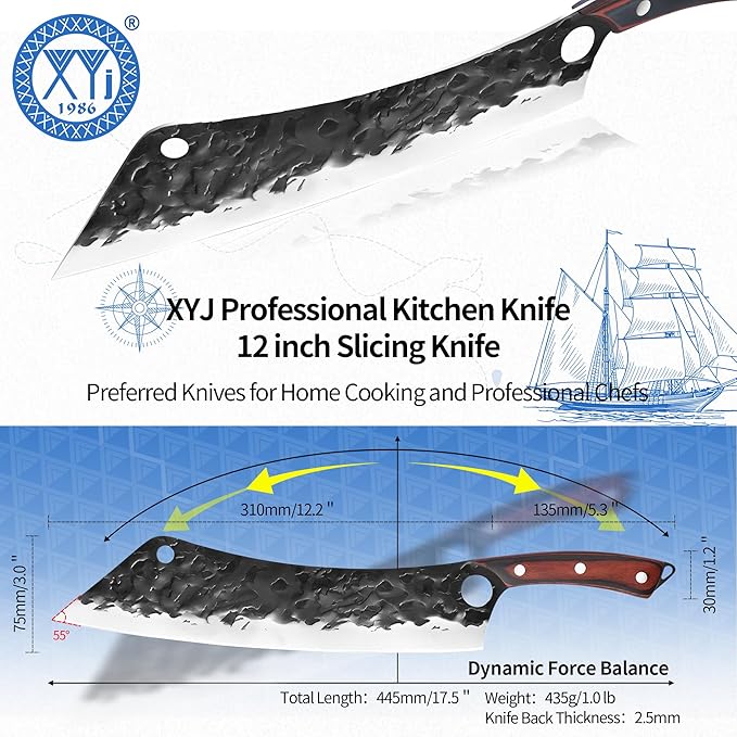 XYJ 12 Inch Long BBQ Knife Set Full Tang Brisket Turkey Meat Chopping Slicing Knife Razor Sharp Stainless Steel Blade Non-stick Effort Saving Finger Control Chef Knives With Whetstone
