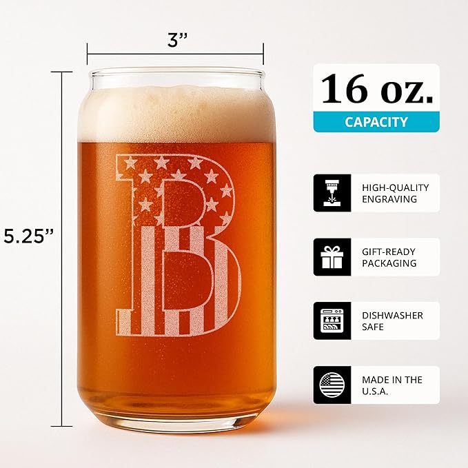 Monogram Beer Glasses for Men (A-Z) 16 oz - Beer Gifts for Men Brother Son Dad Neighbor - Unique Gifts for Him - Personalized Drinking Gift Beer Glass Mugs - Engraved Beer Can Glass (B)