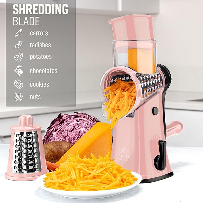 Zulay Kitchen Rotary Cheese Grater 5 Blade Cheese Shredder - Manual Hand Crank Cheese Grater With Reinforced Suction & 5 Interchangeable Drums - Easy to Use, Vegetable Chopper Round Mandoline Slicer