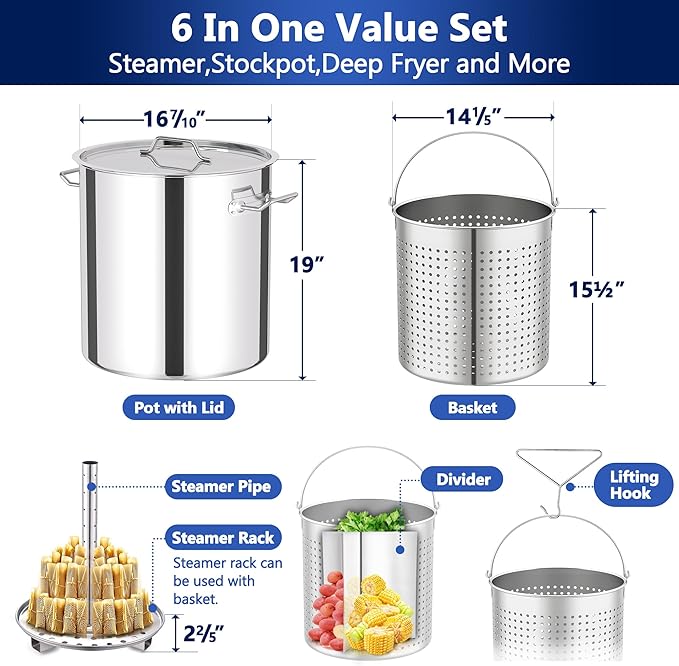 ARC 64-QT Large Stainless Steel Stockpot for Seafood Boiler Crawfish Pot with Basket and Steamer Rack, Outdoor Cooking Pot for Crab Lobster Shrimp Trukey Fryer Boiling, and Tamales Steamer,16 Gal