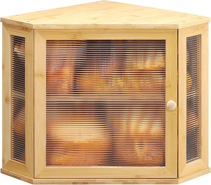 Corner Bread Box for Kitchen Countertop Bamboo Large Capacity Bread Storage Bin with Acrylic Wavy Door Panel,Bread Box Under Cabinet (Natural,Medium)