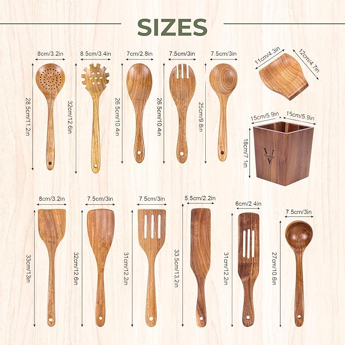 Vasilek Wooden Utensil Set XXL – 13 Piece Acacia Wood Cooking Tools with Square Holder for Nonstick Cookware with Holder & Spoon Rest – Wooden Spoons for Cooking, Spatula, Spurtle