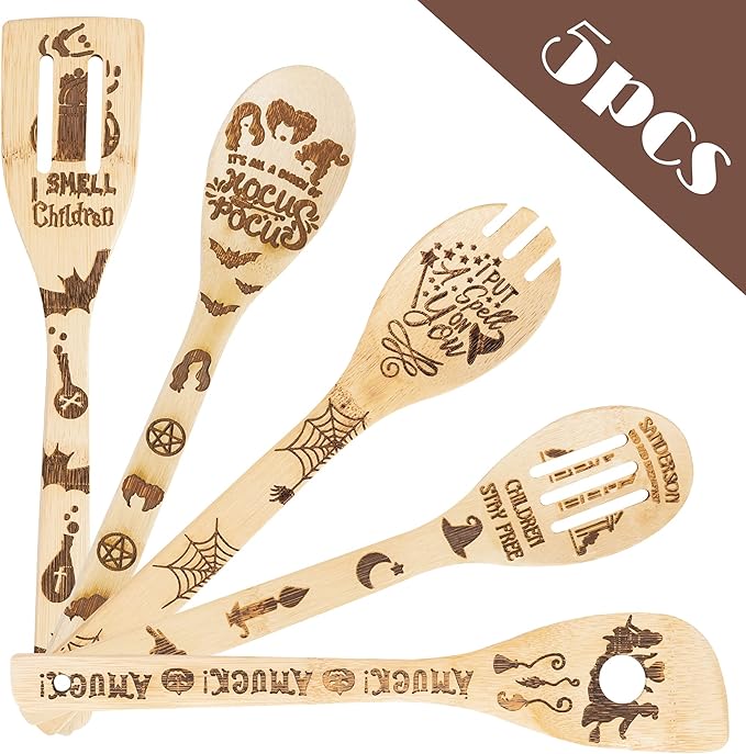 Eartim Hocus Pocus Wooden Cooking Utensil Set - 5Pcs Halloween Kitchen Cooking Gadget Natural Carve Bamboo Spoon Slotted Spatula Non-Stick Cookware Utensil Birthday Housewarming Gift Halloween Supply