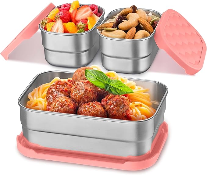 Homikit 3 Pack Kids Lunch Box Set, 18/10 Stainless Steel Bento Boxes with Silicone Lids Leak Proof, 5 Cups Reusable Metal Food Snack Containers for School Daycare, Nontoxic & Dishwasher Safe, Pink