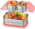 Homikit 3 Pack Kids Lunch Box Set, 18/10 Stainless Steel Bento Boxes with Silicone Lids Leak Proof, 5 Cups Reusable Metal Food Snack Containers for School Daycare, Nontoxic & Dishwasher Safe, Pink