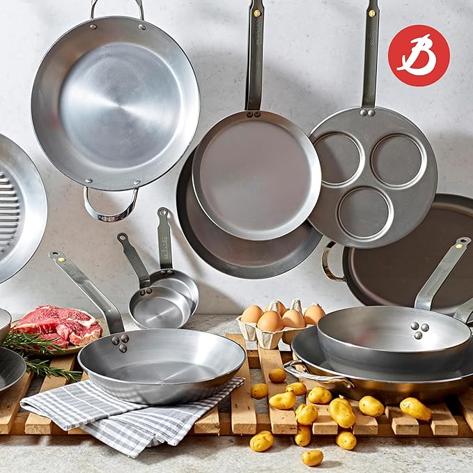 De Buyer MINERAL B Carbon Steel Crepe & Tortilla Pan - 10.25” Diameter, 9” Cooking Surface - Ideal for Making & Reheating Crepes, Tortillas & Pancakes - PFAS, PFOA & PFOS Free - Made in France