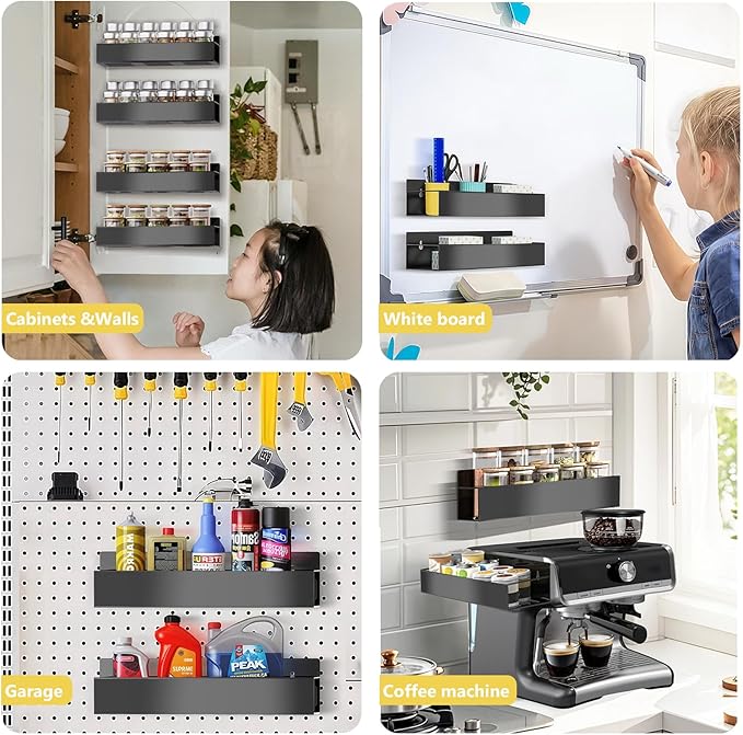 Magnetic Spice Rack Organizer for Fridge Seasoning Organizer for Kitchen storage with Screw Magnetic Shelf with Hook for Refrigerator and Oven (4pack1hook-Black)