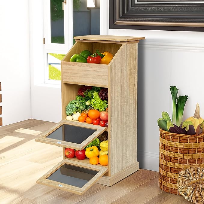 Potato Storage Bin, 3-Tier Potato and Onion Storage Bin with Lid, Wooden Bread Box for Fruit and Vegetable,Food Storage Containers for Kitchen Pantry (White Oak)