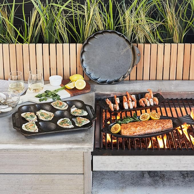 Sur La Table Cast Iron Fish Pan – Pre-Seasoned Grill-to-Table Cookware for Whole or Filleted Fish, Decorative Shape, Even-Heating, Outdoor Grill