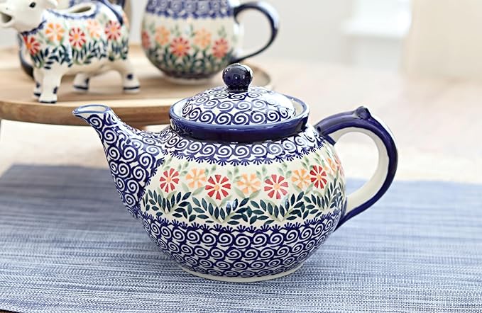 Blue Rose Polish Pottery - Orange Garden Bouquet Teapot - 5 Cup Capacity - Hand-Painted Polish Pottery Ceramic Coffee & Tea Server