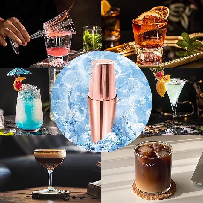 Boston Cocktail Shaker Bar Set, Weighted Boston Shaker Tins, Bartender Kit with 18oz & 28oz Mixed Drink Shaker, Hawthorne Strainer, Double Measuring Jigger - Rose Gold