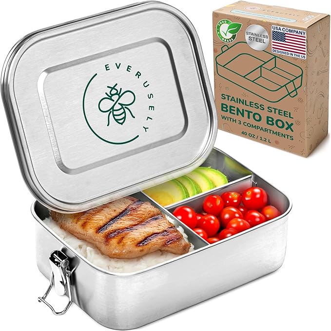 Everusely - Bento Box - Stainless Steel Lunch Box for Adults - 40 oz, 1.2 L - 3 Compartment Snack Container with Removable Silicone Seal + Secure Lock Clips - Non Plastic, Leakproof, Dishwasher Safe