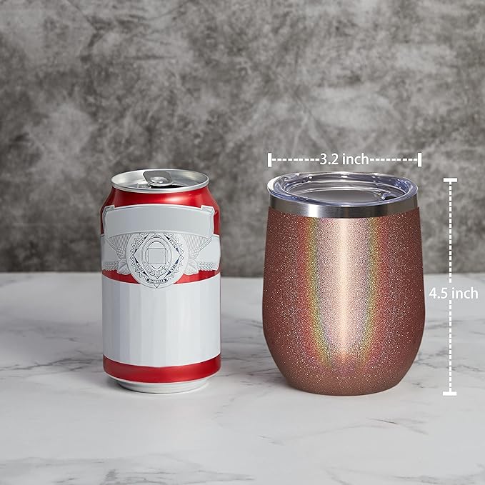MEWAY Stemless 12 OZ Wine Tumbler Glasses with Lid -Insulated Double Wall Vacuum Stainless Steel Glitter Tumbler with Straw,for Woman Under 10 dollars (Rainbow Rose Gold,1)