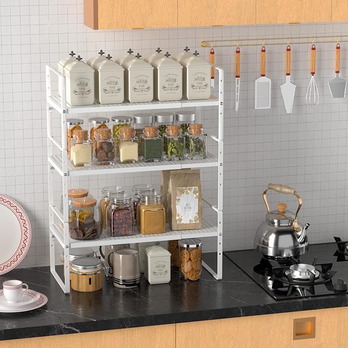 Redrubbit Large Expandable Cabinet Storage Shelf, Adjustable Height Steel Metal Kitchen Counter Organizers Shelves Spice Rack for Kitchen Pantry Bathroom Cupboard Desk Home Office, White-3 Pack