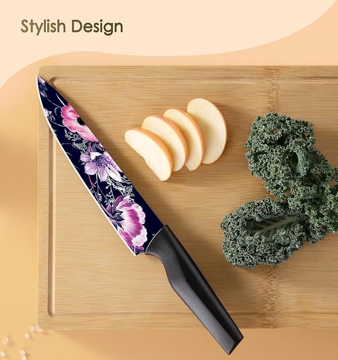Astercook Knife Set, 12-Piece Flower Kitchen Knives Sets with Blade Guards, Dishwasher Safe, German High Carbon Stainless Steel, Perfect Gifts for Kitchen