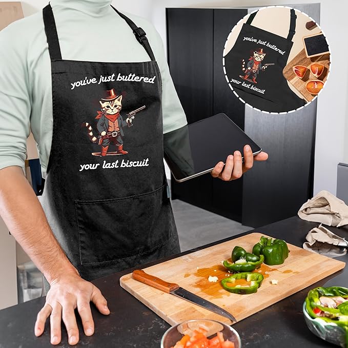 Funny Western Cat Baking Aprons with Pockets, Gifts for Bakers Women, Cat Lover Mom Dad Gifts Waterproof Adjustable Bib Apron for Kitchen Dishwashing Cooking Grilling Baking