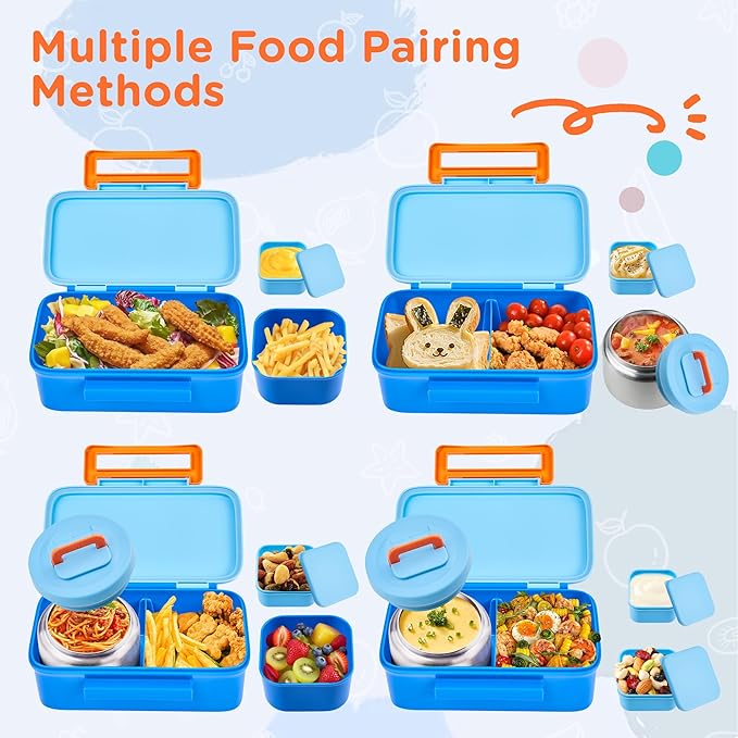 MAISON HUIS Bento Box for Kids with 8oz Soup Thermo, Insulated Lunch Bag & 17oz Water Bottle, 2-Compartment Bento Box with Built-In Ice Pack, Leak-Proof & BPA-Free (Blue)