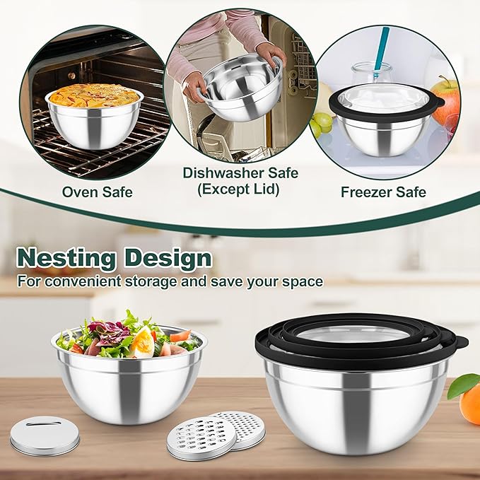TeamFar Mixing Bowls, Stainless Steel Salad Serving Bowl with Clear Lids & 3 Graters, For Kitchen Cooking Prepping Storing, Size 4.6/2.6/1.5/1/0.7 QT, Nesting & Airtight, Set of 5 & Black