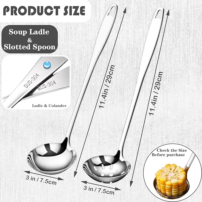 Soup Ladle Slotted Spoon Set, 304 Stainless Steel 12.2Inch Metal Ladle, Extra Large Soup Spoon with Long Handle for Serving, Cooking, Stirring, Serving Soups, Silver