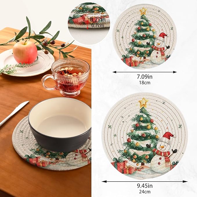 Watercolor Christmas Tree Snowman Kitchen Trivets Pot Holders Set of 2, Trivets for Hot Pots Dishes Woven Trivet Coaster Pad Mat for Counter