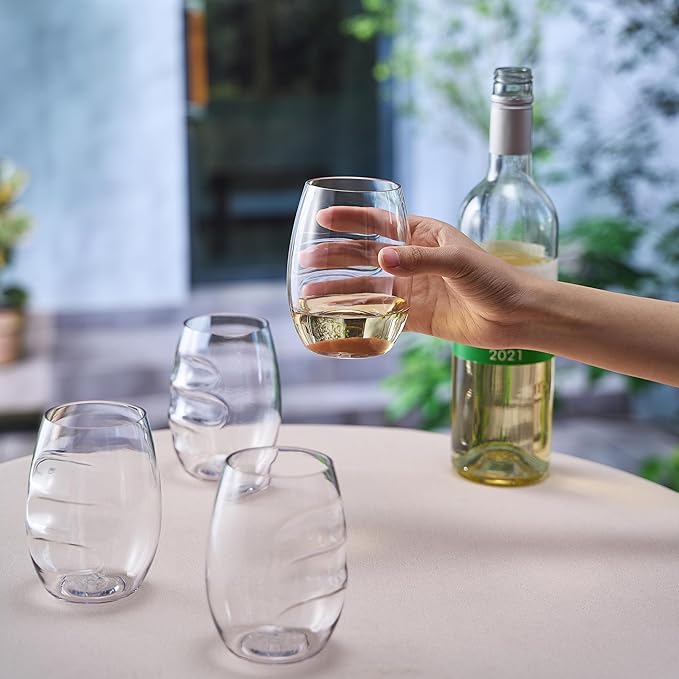 Unbreakable European Plastic Crystal, Stemless Wine Glasses | Set of 4, 13.5 OZ | Acrylic Tritan Set with 3-Finger Indentations - Clear Short Tumbler Set, BPA Free, Reusable, Naturally Aerates Wine