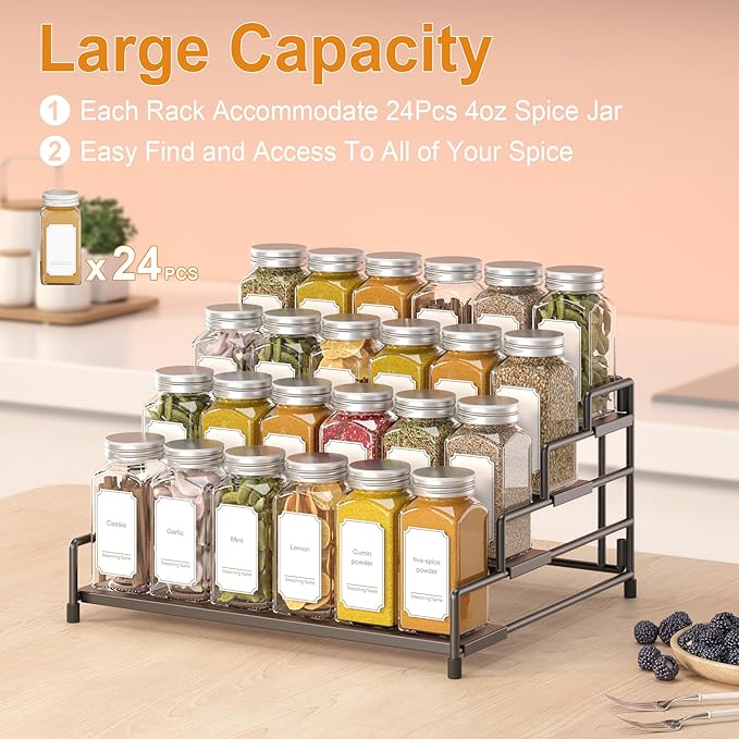 4-Tier-Spice-Rack-Organizer-for-Cabinet, Adjustable Depth Spice Holder Shelf For Countertop Pantry Cupboard, Metal Tiered Seasoning Organizer,Display Shelf Riser (Black-2 Pack)