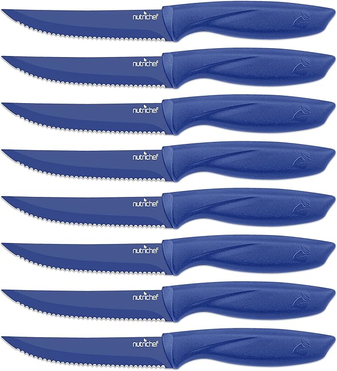 NutriChef SereneLife Stainless Steel Knife Set, 8 Pcs. - Non-Stick Coating, Sharp Serrated Blades, Professional Kitchen Set, Rust-Resistant, Dishwasher Safe, Ideal for BBQ & Grilling, Blue