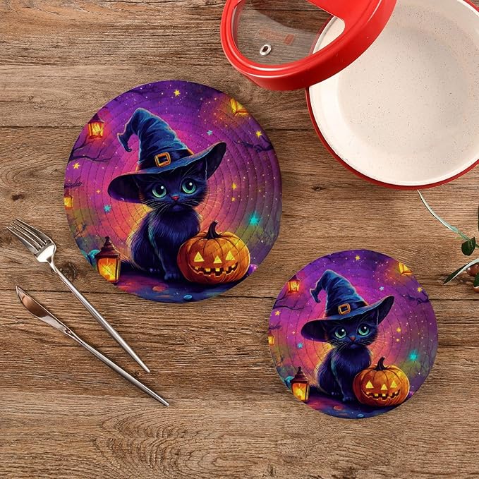 Cute Cat with Witch Hat Kitchen Trivets Pot Holders Set of 2, Trivets for Hot Pots Dishes Woven Trivet Coaster Pad Mat for Counter