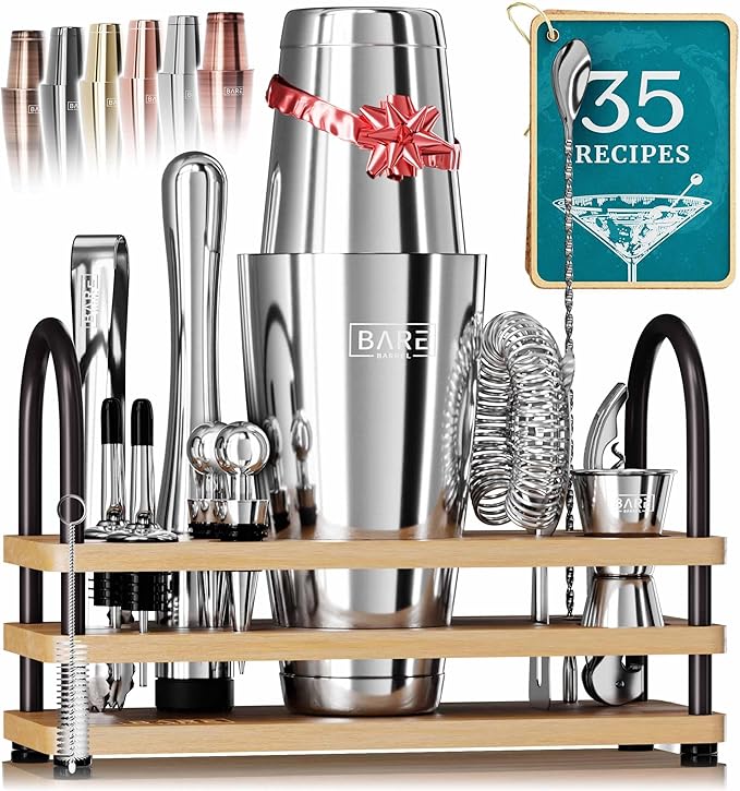 BARE BARREL® Mixology Bartender Kit Bar Set | 14-Piece Cocktail Shaker Set | Martini Barware Mixing Tools for Home Bartending | 35 Recipe Cards | Gift Set (28oz Boston Shaker, Silver/Natural)